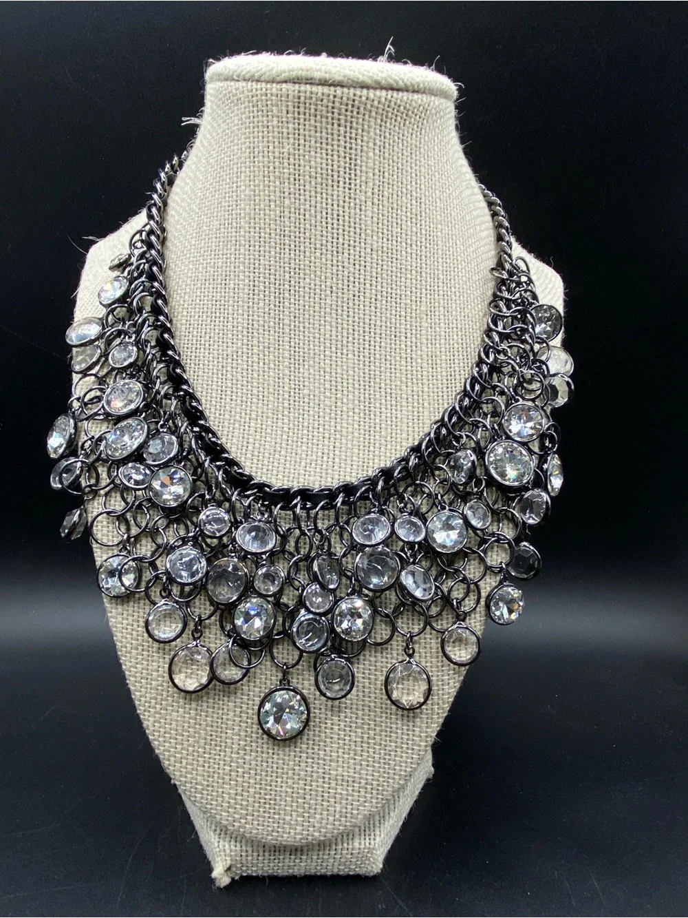 NWT CHICO’S Cha-Cha Necklace Bib Style Gunmetal Chain Link Crystal Rhinestones
